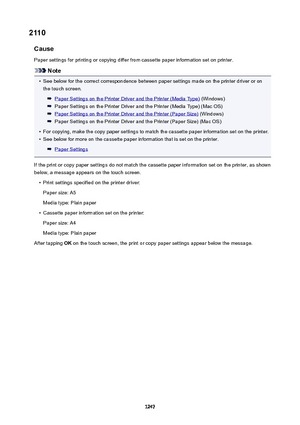 Page 12472110CausePaper settings for printing or copying differ from cassette paper information set on printer.
Note
