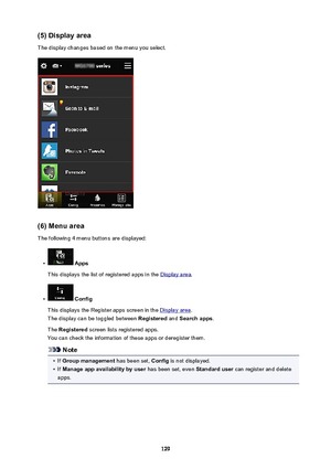 Page 129(5)Displayarea
The display changes based on the menu you select.
(6)Menuarea
The following 4 menu buttons are displayed:
