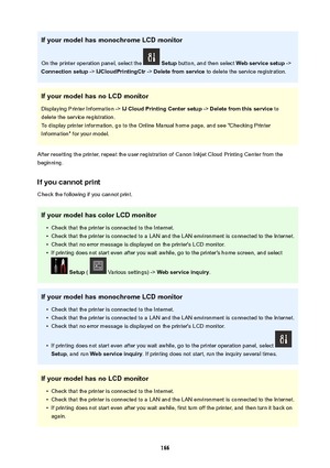 Page 166IfyourmodelhasmonochromeLCDmonitor
On the printer operation panel, select the 
  Setup  button, and then select  Webservicesetup ->
Connectionsetup  -> IJCloudPrintingCtr  -> Deletefromservice  to delete the service registration.
IfyourmodelhasnoLCDmonitor Displaying Printer Information ->  IJCloudPrintingCentersetup -> Deletefromthisservice  to
delete the service registration. To display printer information, go to the Online Manual home page, and see "Checking Printer...