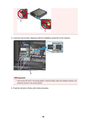 Page 1984.
Insert the new ink tank, aligning it with the installation guide (E) on the machine.
Important
