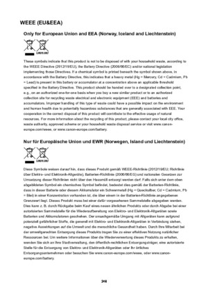 Page 248WEEE(EU&EEA)OnlyforEuropeanUnionandEEA(Norway,IcelandandLiechtenstein)
These symbols indicate that this product is not to be disposed of with your household waste, according tothe WEEE Directive (2012/19/EU), the Battery Directive (2006/66/EC) and/or national legislation
implementing those Directives. If a chemical symbol is printed beneath the symbol shown above, in
accordance with the Battery Directive, this indicates that a heavy metal (Hg = Mercury, Cd = Cadmium, Pb
= Lead) is present in...