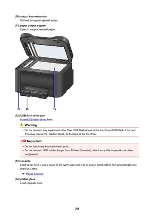 Page 263(10)outputtrayextensionPull out to support ejected paper.
(11)paperoutputsupport Open to support ejected paper.
(12)USBflashdriveport
Insert USB flash drives  here.
Warning
