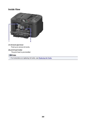 Page 265InsideView
(1)inktankejectleverPush up to remove ink tanks.
(2)printheadholder The print head is pre-installed.
Note
