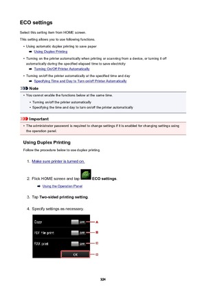 Page 324ECOsettingsSelect this setting item from HOME screen.
This setting allows you to use following functions.