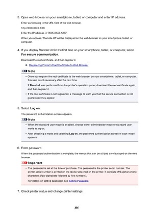 Page 3363.Open web browser on your smartphone, tablet, or computer and enter IP address.Enter as following in the URL field of the web browser.
http://XXX.XX.X.XXX Enter the IP address in "XXX.XX.X.XXX".
When you access, "Remote UI" will be displayed on the web browser on your smartphone, tablet, or computer.4.
If you display Remote UI for the first time on your smartphone, tablet, or computer, select
Forsecurecommunication .
Download the root certificate, and then register it.
Registering...