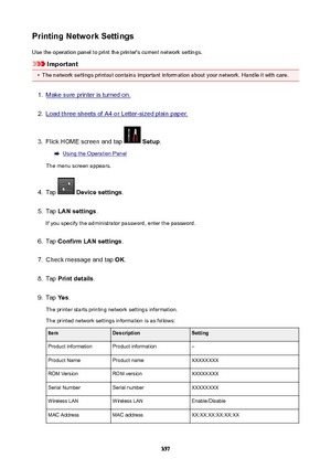 Page 357PrintingNetworkSettingsUse the operation panel to print the printer's current network settings.
Important
