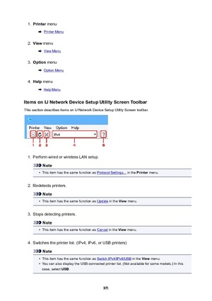 Page 3711.Printer menu
Printer Menu
2.
View menu
View Menu
3.
Option  menu
Option Menu
4.
Help menu
Help Menu
ItemsonIJNetworkDeviceSetupUtilityScreenToolbar
This section describes items on IJ Network Device Setup Utility Screen toolbar.
1.
Perform wired or wireless LAN setup.
Note
