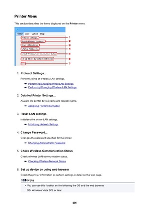 Page 395PrinterMenuThis section describes the items displayed on the  Printer menu.1.
ProtocolSettings...
Performs wired or wireless LAN settings.
Performing/Changing Wired LAN Settings
Performing/Changing Wireless LAN Settings
2.
DetailedPrinterSettings...
Assigns the printer device name and location name.
Assigning Printer Information
3.
ResetLANsettings Initializes the printer LAN settings.
Initializing Network Settings
4.
ChangePassword...
Changes the password specified for the printer.
Changing...