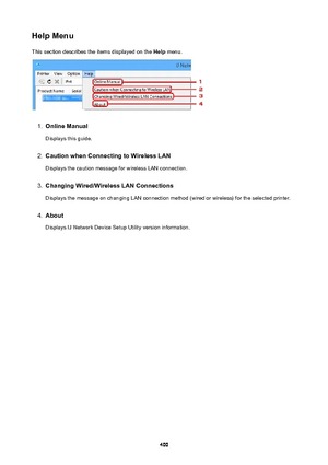 Page 400HelpMenuThis section describes the items displayed on the  Help menu.1.
OnlineManual
Displays this guide.
2.
CautionwhenConnectingtoWirelessLAN
Displays the caution message for wireless LAN connection.
3.
ChangingWired/WirelessLANConnections
Displays the message on changing LAN connection method (wired or wireless) for the selected printer.
4.
About
Displays IJ Network Device Setup Utility version information.
400 