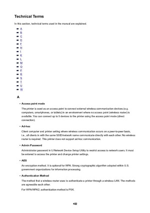 Page 402TechnicalTermsIn this section, technical terms used in the manual are explained.
A
B
C
D
F
H
I
K
L
M
O
P
R
S
T
U
W
A
