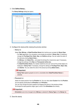 Page 4833.Click DefineStamp...
The  StampSettings  dialog box opens.4.
Configure the stamp while viewing the preview window
