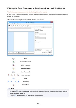 Page 495EditingthePrintDocumentorReprintingfromthePrintHistoryThis function is unavailable when the standard IJ printer driver is used.
In the Canon IJ XPS preview window, you can edit the print document or retrieve the document print history to print the document.
The procedure for using the Canon IJ XPS Preview is as follows:PrintCombineDocumentsDeleteDocumentResetDocumentsViewThumbnailsMove DocumentUndoMove PageDeletePage
Note
