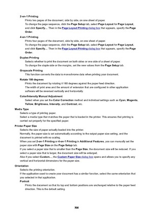 Page 5382-on-1PrintingPrints two pages of the document, side by side, on one sheet of paper.
To change the page sequence, click the  PageSetup tab, select PageLayout  for PageLayout ,
and click  Specify... . Then in the 
PageLayoutPrinting dialog box  that appears, specify the  Page
Order .
4-on-1Printing Prints four pages of the document, side by side, on one sheet of paper.To change the page sequence, click the  PageSetup tab, select PageLayout  for PageLayout ,
and click  Specify... . Then in the...