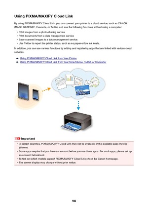 Page 586UsingPIXMA/MAXIFYCloudLinkBy using PIXMA/MAXIFY Cloud Link, you can connect your printer to a cloud service, such as CANON
iMAGE GATEWAY, Evernote, or Twitter, and use the following functions without using a computer: