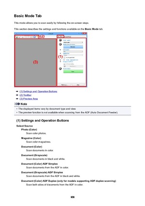 Page 808BasicModeTabThis mode allows you to scan easily by following the on-screen steps.
This section describes the settings and functions available on the  BasicMode tab.
(1) Settings and Operation Buttons
(2) Toolbar
(3) Preview Area
Note
