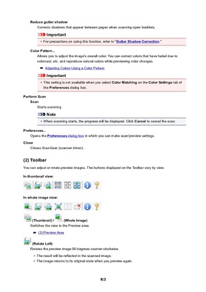 Page 812ReduceguttershadowCorrects shadows that appear between pages when scanning open booklets.
Important
