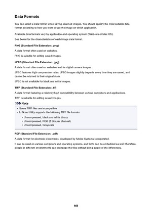 Page 866DataFormatsYou can select a data format when saving scanned images. You should specify the most suitable data
format according to how you want to use the image on which application.
Available data formats vary by application and operating system (Windows or Mac OS).
See below for the characteristics of each image data format.
PNG(StandardFileExtension:.png)
A data format often used on websites.
PNG is suitable for editing saved images.
JPEG(StandardFileExtension:.jpg)
A data format often used on...