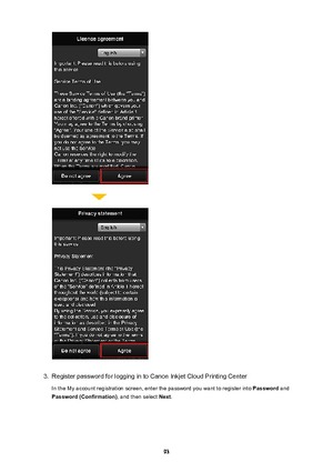 Page 933.
Register password for logging in to Canon Inkjet Cloud Printing Center
In the My account registration screen, enter the password you want to register into  Password and
Password(Confirmation) , and then select Next.
93 