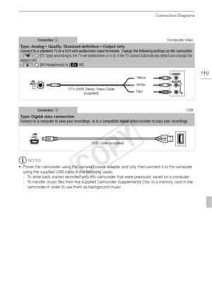 Page 119Connection Diagrams
119
NOTES
• Power the camcorder using the compact power adapter and only then connect it to the computer  using the supplied USB cable in the following cases.
- To write back scenes recorded with this camcorder that were previously saved on a computer.
- To transfer music files from the supplied Camcorder Supplemental Disc to a memory card in the camcorder in order to use them as background music.
Connection  CComposite Video
Type: Analog   Quality: Standard definition   Output only...