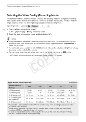 Page 44Selecting the Video Quality (Recording Mode)
44
Selecting the Video Quality (Recording Mode)
The camcorder offers 5 recording modes. Changing the recording mode will change the recording 
time available on the memory. Select MXP or FXP mode for better movie quality; select LP mode for 
longer recording times. The following table gives approximate recording times.
1 Open the [Recording Mode] screen.
[FUNC.]  [MENU]  8  [Recording Mode]
2 Touch the desired recording mode and then touch [ a].
NOTES
• Movies...