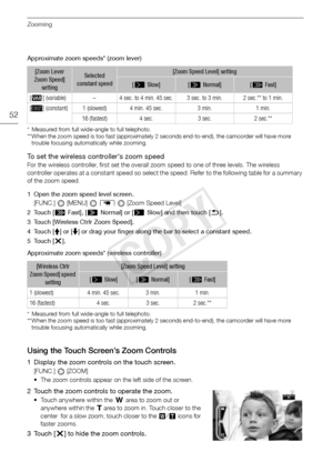 Page 52Zooming
52
Approximate zoom speeds* (zoom lever)
* Measured from full wide-angle to full telephoto. 
** When the zoom speed is too fast (approximately 2 seconds end-to-end), the camcorder will have more trouble focusing automatically while zooming.
To set the wireless controller's zoom speed
For the wireless controller, first set the overall zoom speed to one of three levels. The wireless 
controller operates at a constant speed so select the speed. Refer to the following table for a summary 
of the...