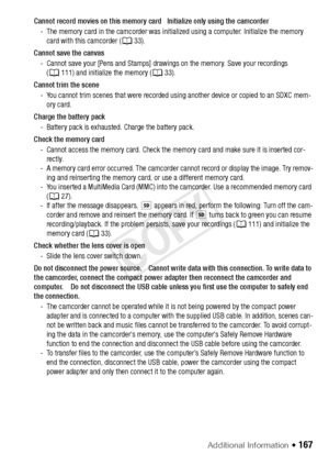 Page 167Additional Information Š 167
Cannot record movies on this memory card   Initialize only using the camcorder- The memory card in the camcorder was initia lized using a computer. Initialize the memory 
card with this camcorder ( A33).
Cannot save the canvas - Cannot save your [Pens and Stamps] drawings on the memory. Save your recordings  (A 111) and initialize the memory (A 33).
Cannot trim the scene - You cannot trim scenes that were recorded using another device or copied to an SDXC mem- ory card....