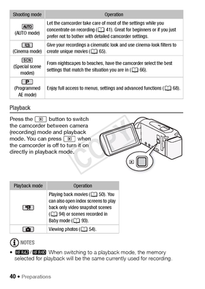 Page 4040 Š Preparations
Playback
Press the   button to switch 
the camcorder between camera 
(recording) mode and playback 
mode. You can press   when 
the camcorder is off to turn it on 
directly in playback mode.
NOTES
• 6 /4  When switching to a playback mode, the memory 
selected for playback will be the same currently used for recording.
(AUTO mode) Let the camcorder take care of most of the settings while you 
concentrate on recording (
A41). Great for beginners or if you just 
prefer not to bother with...