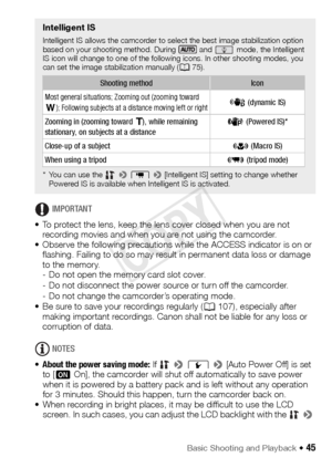 Page 45Basic Shooting and Playback Š 45
IMPORTANT
• To protect the lens, keep the lens cover closed when you are not  recording movies and when you are not using the camcorder.
• Observe the following precautions while the ACCESS indicator is on or  flashing. Failing to do so may result in permanent data loss or damage 
to the memory.
- Do not open the memory card slot cover.
- Do not disconnect the power source or turn off the camcorder.
- Do not change the camcorder’s operating mode.
• Be sure to save your...