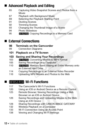 Page 1212 Š Table of contents
„Advanced Playback and Editing
85 Capturing Video Snapshot Scenes and Photos from a 
Movie
87 Playback with Background Music
89 Selecting the Playback Starting Point
91 Dividing Scenes
92 Trimming Scenes
93 Changing the Thumbnail Image of a Scene
94 Photo Slideshow
95 B  Copying Recordings to a Memory Card
„External Connections
98 Terminals on the Camcorder99 Connection Diagrams
101 Playback on a TV Screen
103 Saving and Sharing Your Recordings
103 B  Converting Movi es to MP4...