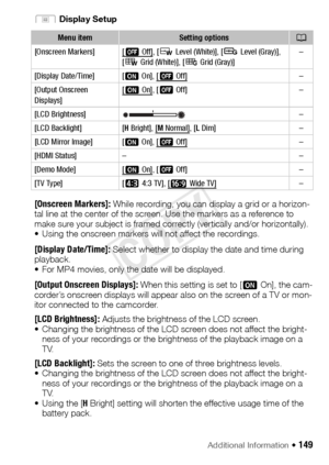 Page 149Additional Information Š 149
t Display Setup
[Onscreen Markers]: While recording, you can display a grid or a horizon-
tal line at the center of the screen. Use the markers as a reference to 
make sure your subject is framed correctly (vertically and/or horizontally).
• Using the onscreen markers will not affect the recordings.
[Display Date/Time]: Select whether to display the date and time during 
playback.
• For MP4 movies, only the date will be displayed.
[Output Onscreen Displays]: When this setting...