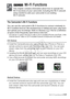 Page 117Wi-Fi Functions Š 117
Wi-Fi Functions
This chapter contains information about how to operate the 
Wi-Fi functions of your camcorder, including the Wi-Fi network 
setup needed to add your camcorder to an existing 
Wi-Fi network.
The Camcorder’s Wi-Fi Functions
You can use the camcorder’s Wi-Fi functions to connect wirelessly to 
Wi-Fi enabled devices* like smartphones or tablets and save, play back 
and upload your recordings. Refer to Glossary (A 140) for a definition 
of some of the frequently used...