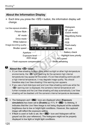 Page 120120
ShootingN
 Each time you press the < B> button, the information display will 
change.
About the Information Display
Magnifying frame Histogram
ISO speed
Shots remaining
Exposure level
AEB range
Aperture
Shutter speed
AE lock
Picture Style
Battery check
Flash-ready
Drive mode
Live View exposure simulation
White balance
Image-recording quality
Flash exposure compensation
AF mode
AF point
(Quick mode)
AEB 
FEB
Highlight tone priority
 About the < E> icon If Live View shooting is done under direct...