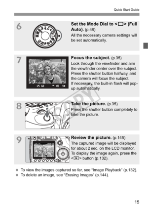 Page 1515
Quick Start Guide
6Set the Mode Dial to  (Full 
Auto).
 (p.48)
All the necessary camera settings will 
be set automatically.
7Focus the subject. (p.35)
Look through the viewfinder and aim 
the viewfinder center over the subject. 
Press the shutter button halfway, and 
the camera will focus the subject.
If necessary, the built-in flash will pop-
up automatically.
8Take the picture. (p.35)
Press the shutter button completely to 
take the picture.
9Review the picture. (p.145)
The captured image will be...