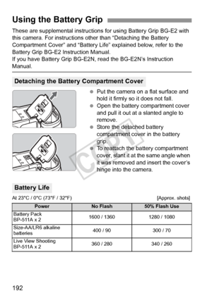 Page 192192
These are supplemental instructions for using Battery Grip BG-E2 with 
this camera. For instructions other than “Detaching the Battery 
Compartment Cover” and “Battery Life” explained below, refer to the 
Battery Grip BG-E2 Instruction Manual.
If you have Battery Grip BG-E2N, read the BG-E2N’s Instruction 
Manual.
 Put the camera on a flat surface and 
hold it firmly so it does not fall.
  Open the battery compartment cover 
and pull it out at a slanted angle to 
remove.
  Store the detached battery...