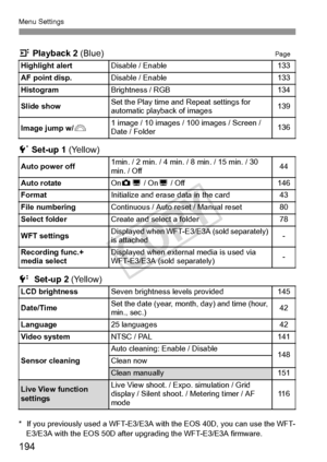 Page 194194
Menu Settings
4 Playback 2 (Blue)Page
5 Set-up 1  (Yellow)
6   Set-up 2 (Yellow)
* If you previously used a WFT-E3/E3A  with the EOS 40D, you can use the WFT-
E3/E3A with the EOS 50D after upgrading the WFT-E3/E3A firmware. 
Highlight alert
Disable / Enable133
AF point disp.
Disable / Enable133
Histogram
Brightness / RGB134
Slide show
Set the Play time and Repeat settings for 
automatic playback of images139
Image jump w/ 6
1 image / 10 images / 100 images / Screen / 
Date / Folder136
Auto power off...