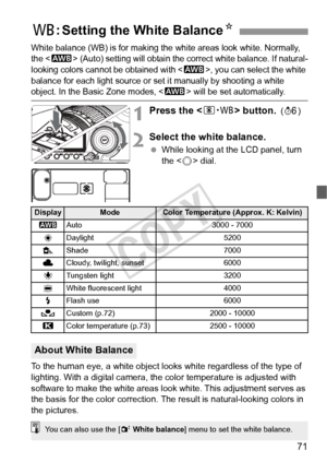 Page 7171
White balance (WB) is for making the white areas look white. Normally, 
the  (Auto) setting will obtain the correct white balance. If natural-
looking colors cannot be obtained with <
Q>, you can select the white 
balance for each light source or set it manually by shooting a white 
object. In the Basi c Zone modes,  will be set automatically.
1Press the  button. (9 )
2Select the white balance.
 While looking at the LCD panel, turn 
the < 5> dial.
To the human eye, a white object looks white...