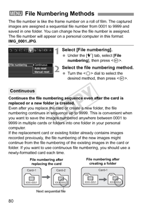 Page 8080
The file number is like the frame number on a roll of film. The captured 
images are assigned a sequential file number from 0001 to 9999 and 
saved in one folder. You can change how the file number is assigned.
The file number will appear on a personal computer in this format: 
IMG_0001.JPG.
1Select [File numbering].
 Under the [5 ] tab, select [File 
numbering ], then press < 0>.
2Select the file numbering method.
  Turn the < 5> dial to select the 
desired method, then press < 0>.
Continues the file...