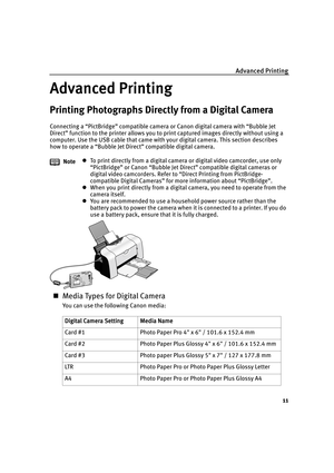 Page 15Advanced Printing
11
Advanced Printing
Advanced PrintingAdvanced Printing Advanced Printing
Printing Photographs Directly from a Digital Camera
Connecting a “PictBridge” compatible camera or Canon digital camera with “Bubble Jet 
Direct” function to the printer allows you to print captured images directly without using a 
computer. Use the USB cable that came with your digital camera. This section describes 
how to operate a “Bubble Jet Direct” compatible digital camera.
„Media Types for Digital Camera...