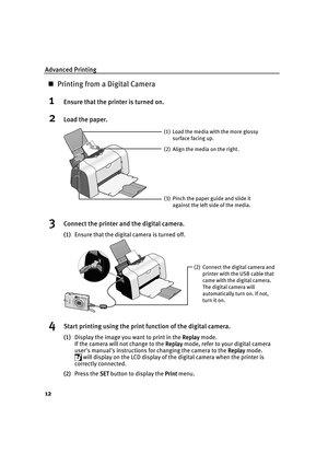 Page 16Advanced Printing
12
„Printing from a Digital Camera
1Ensure that the printer is turned on.
2Load the paper.
3Connect the printer and the digital camera.
(1)Ensure that the digital camera is turned off.
4Start printing using the print function of the digital camera.
(1)Display the image you want to print in the Replay
ReplayReplay Replay mode.
If the camera will not change to the Replay
ReplayReplay Replay mode, refer to your digital camera 
user's manual's instructions for changing the camera to...