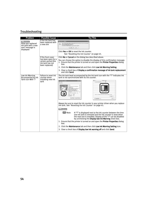 Page 58Troubleshooting
54
Have you replaced 
ink tank with a new 
one? message is 
displayedIf the ink tank has 
been replaced with 
a new one
Click Yes
YesYes Yes  o r O K
OKOK OK to reset the ink counter.
See "Resetting the Ink Counter
Resetting the Ink CounterResetting the Ink Counter Resetting the Ink Counter" on page 43.
If the front cover 
has been open for a 
cer tain period (the 
ink tank has not 
been replaced)Click No
NoNo No or Cancel
 Cancel Cancel  Cancel on the dialog box described above....