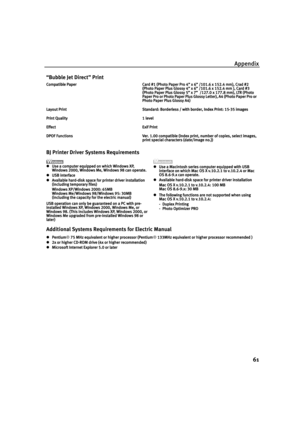 Page 65Appendix
61
“Bubble Jet Direct” Print
Compatible Paper
Compatible PaperCompatible Paper Compatible Paper Card #1 (Photo Paper Pro 4” x 6” /101.6 x 152.4 mm), Crad #2 
Card #1 (Photo Paper Pro 4” x 6” /101.6 x 152.4 mm), Crad #2 Card #1 (Photo Paper Pro 4” x 6” /101.6 x 152.4 mm), Crad #2  Card #1 (Photo Paper Pro 4” x 6” /101.6 x 152.4 mm), Crad #2 
(Photo Paper Plus Glossy 4” x 6” /101.6 x 152.4 mm ), Card #3 
(Photo Paper Plus Glossy 4” x 6” /101.6 x 152.4 mm ), Card #3 (Photo Paper Plus Glossy 4” x 6”...