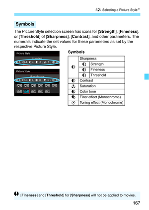 Page 167167
A Selecting a Picture Style N
The Picture Style selection screen has icons for [ Strength], [Fineness ], 
or [ Threshold ] of [Sharpness ], [Contrast ], and other parameters. The 
numerals indicate the set values fo r these parameters as set by the 
respective Picture Style.
Symbols
Symbols
gSharpness
AStrength
B
Fineness
C
Threshold
h Contrast
i
Saturation
j
Color tone
k
Filter effect (Monochrome)
l
Toning effect (Monochrome)
[ Fineness ] and [Threshold ] for [Sharpness ] will not be applied to...