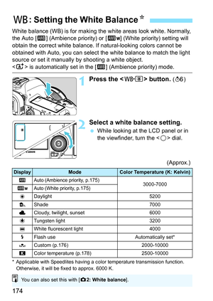 Page 174174
White balance (WB) is for making the white areas look white. Normally, 
the Auto [ Q] (Ambience priority) or [ Qw] (White priority) setting will 
obtain the correct white balance. If natural-looking colors cannot be 
obtained with Auto, you can select the white balance to match the light 
source or set it manually by shooting a white object.
< A > is automatically set in the [ Q] (Ambience priority) mode.
1Press the  button. (9 )
2Select a white balance setting.
While looking at the LCD panel or in...