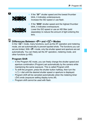 Page 205205
d: Program AE
 If the “ 30” shutter speed and the lowest f/number 
blink, it indicates underexposure.
Increase the ISO speed or use flash.
 If the “ 8000” shutter speed and the highest f/number 
blink, it indicates overexposure.
Lower the ISO speed or use an ND filter (sold 
separately) to reduce the amount of light entering the 
lens.
Differences Between < d> and < A> ModesIn the < A> mode, many functions, such as the AF operation and metering 
mode, are set automatically to prevent  spoiled...