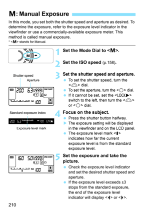 Page 210210
In this mode, you set both the shutter speed and aperture as desired. To 
determine the exposure, refer to the exposure level indicator in the 
viewfinder or use a commercially-available exposure meter. This 
method is called manual exposure.
*  stands for Manual.
1Set the Mode Dial to < a>.
2Set the ISO speed (p.158).
3Set the shutter speed and aperture.
 To set the shutter speed, turn the 
 dial.

To set the aperture, turn the  dial. If it cannot be set, set the < R> 
switch to the left, then...