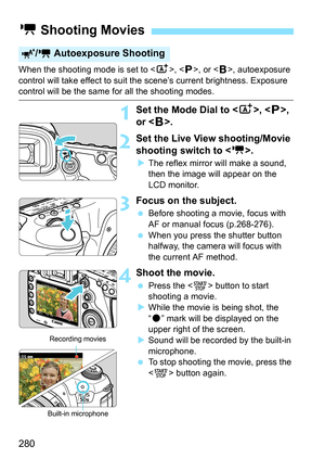 Page 280280
When the shooting mode is set to , < d>, or < F>, autoexposure 
control will take effect to suit the scene’s current brightness. Exposure 
control will be the same for all the shooting modes.
1Set the Mode Dial to < A>, < d>, 
or < F>.
2Set the Live View shooting/Movie 
shooting switch to < k>.
The reflex mirror will make a sound, 
then the image will appear on the 
LCD monitor.
3Focus on the subject.
 Before shooting a movie, focus with 
AF or manual focus (p.268-276).
 When you press the shutter...