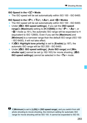 Page 283283
k Shooting Movies
ISO Speed in the  Mode
 The ISO speed will be set automatically within ISO 100 - ISO 6400.
ISO Speed in the < d>, < s>, < f >, and < F> Modes
 The ISO speed will be set automatically within ISO 100 - ISO 6400.
 Under [z 2: ISO speed settings ], if you set the [ISO speed 
range ]’s [Maximum ] setting to [ H (12800)] in the , < f >, or 
< F > mode (p.161), the automatic ISO range will be expanded to H 
(equivalent to ISO 12800). Even if you set the [Maximum ] and 
[Minimum ] to a...