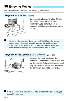 Page 342342
You can play back movies in the following three ways:By connecting the camera to a TV set 
with HDMI Cable HTC-100 (sold 
separately), you can play back the 
camera’s still photos and movies on the 
TV set.
You can play back movies on the 
camera’s LCD monitor. You can also edit 
out the movie’s first and last scenes, and 
play back the still photos and movies on 
the card in an automatic slide show.
k Enjoying Movies
Playback on a TV Set(p.351)
Playback on the Camera’s LCD Monitor(p.344-345)
 Since...