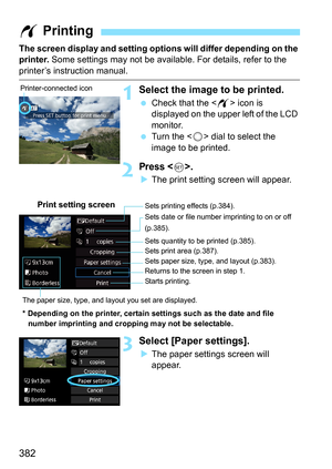 Page 382382
The screen display and setting options will differ depending on the 
printer. Some settings may not be available. For details, refer to the 
printer’s instruction manual.
1Select the image to be printed.
Check that the < w> icon is 
displayed on the upper left of the LCD 
monitor.
 Turn the < 5> dial to select the 
image to be printed.
2Press .
 The print setting screen will appear.
3Select [Paper settings].
The paper settings screen will 
appear.
w  Printing
Printer-connected icon
Print setting...