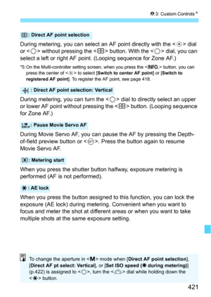 Page 421421
83: Custom Controls N
During metering, you can select an AF point directly with the < 9> dial 
or < 5> without pressing the < S> button. With the < 5> dial, you can 
select a left or right AF point. (Looping sequence for Zone AF.)
*5: On the Multi-controller setting screen, when you press the < B> button, you can 
press the center of < 9> to select [Switch to center AF point ] or [Switch to 
registered AF point ]. To register the AF point, see page 418.
During metering, you can turn the < 5> dial to...